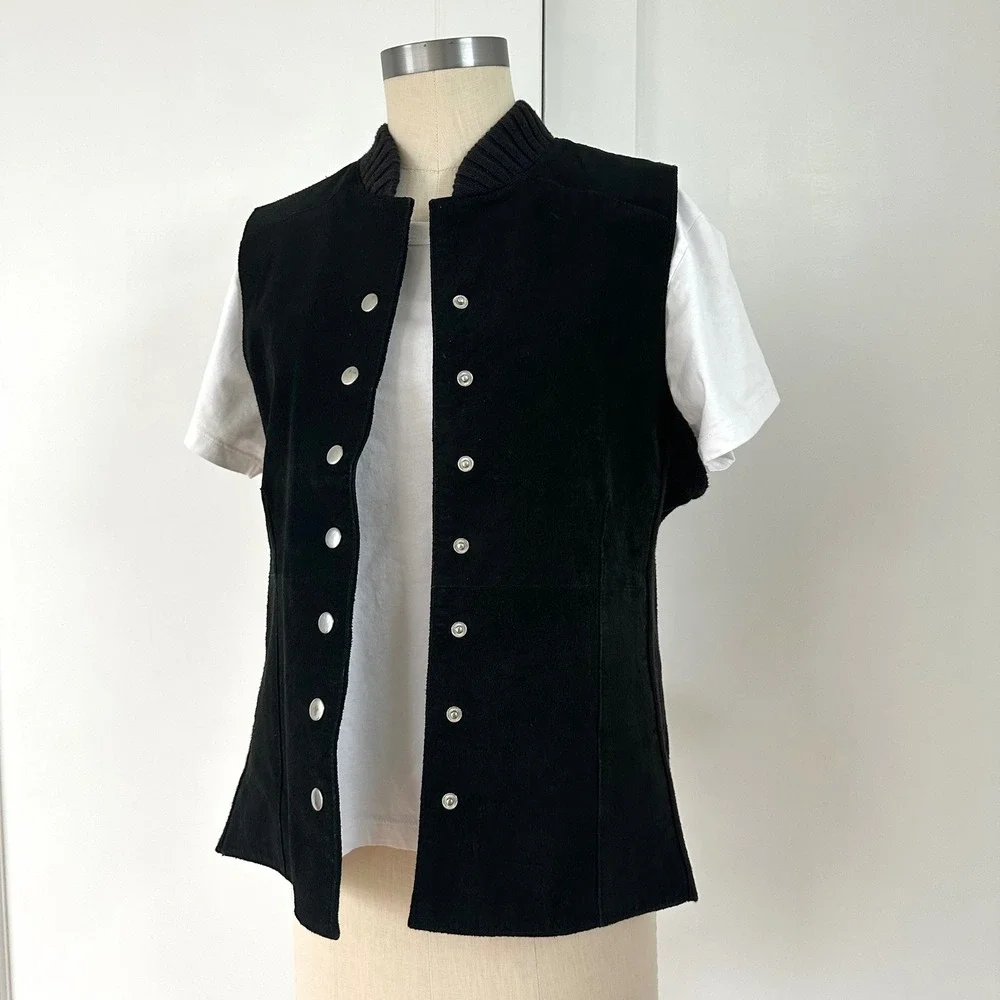 Christopher & Banks Black Suede Leather‎ Ribbed Knit Back Snap Front Vest Large